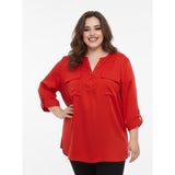 Penningtons Blouse Women's Size 3X Red 3/4 Sleeve V Neck Pocket Polyester/Elasta