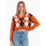 Zaful Women's 8 Cropped Argyle Orange Sweater Long sleeve Viscose/Spandex/Nylon NWT