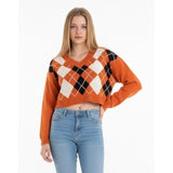 Zaful Women's 8 Cropped Argyle Orange Sweater Long sleeve Viscose/Spandex/Nylon NWT