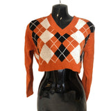 Zaful Women's 8 Cropped Argyle Orange Sweater Long sleeve Viscose/Spandex/Nylon NWT