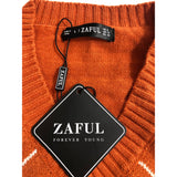 Zaful Women's 8 Cropped Argyle Orange Sweater Long sleeve Viscose/Spandex/Nylon NWT