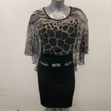 Simon Chang Women's Sleeveless A Line Dress Size 8 Black Beaded Attached Animal Print Shawl