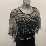 Simon Chang Women's Sleeveless A Line Dress Size 8 Black Beaded Attached Animal Print Shawl