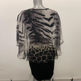 Simon Chang Women's Sleeveless A Line Dress Size 8 Black Beaded Attached Animal Print Shawl