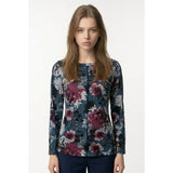 Cleo Petites Women's Blue Purple Floral Top Medium Long Sleeve Polyester Blend