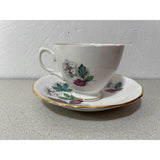 Royal Vale Fine Bone China England Teacup Saucer Set White Green Red Floral