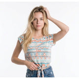 Ardene Women's Tie Front T Shirt Size Small Round Neck White Orange Teal Patterned Tee
