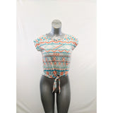 Ardene Women's Tie Front T Shirt Size Small Round Neck White Orange Teal Patterned Tee