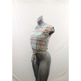 Ardene Women's Tie Front T Shirt Size Small Round Neck White Orange Teal Patterned Tee