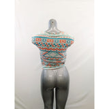 Ardene Women's Tie Front T Shirt Size Small Round Neck White Orange Teal Patterned Tee