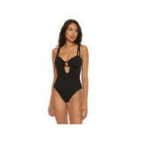 BECCA Modern Edge Rib High Leg One Piece (Black) Swimsuit One Piece Large