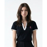 My Pink Women's V Neck Pique Polo Shirt Size Large Black White Short Sleeve