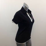My Pink Women's V Neck Pique Polo Shirt Size Large Black White Short Sleeve