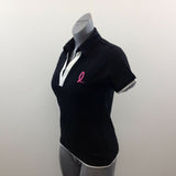 My Pink Women's V Neck Pique Polo Shirt Size Large Black White Short Sleeve