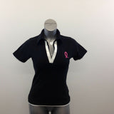 My Pink Women's V Neck Pique Polo Shirt Size Large Black White Short Sleeve