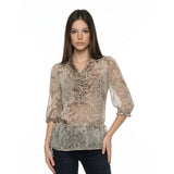 Women's Small Two Tone Brown Ruffle Front Floral V Neck Sheer Tie Waist Blouse
