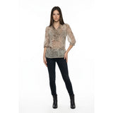Women's Small Two Tone Brown Ruffle Front Floral V Neck Sheer Tie Waist Blouse