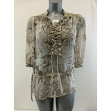 Women's Small Two Tone Brown Ruffle Front Floral V Neck Sheer Tie Waist Blouse