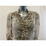 Women's Small Two Tone Brown Ruffle Front Floral V Neck Sheer Tie Waist Blouse