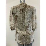 Women's Small Two Tone Brown Ruffle Front Floral V Neck Sheer Tie Waist Blouse