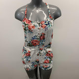 Garage Women's Romper Size Medium White w/Pink Blue Floral Patterned Button Up Sleeveless Viscose