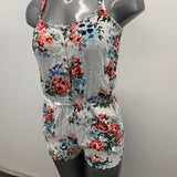 Garage Women's Romper Size Medium White w/Pink Blue Floral Patterned Button Up Sleeveless Viscose