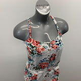 Garage Women's Romper Size Medium White w/Pink Blue Floral Patterned Button Up Sleeveless Viscose