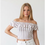 Dynamite Off The Shoulder Cropped Top Women's Size Small Pink Blue Striped Viscose Blend