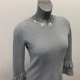 Michael Kors Shimmering Silver Gray Sweater Women's Size Small Long Layered Bell Sleeve Crew Neck