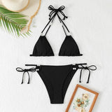 Triangle String Bikini Set Tie Side Swimsuit Beaded Ties Medium Black NWT
