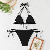 Triangle String Bikini Set Tie Side Swimsuit Beaded Ties Medium Black NWT