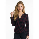 Anne Taylor Women's Blouse Size Medium Burgundy Blue Plaid Long Sleeve Snap Button Top