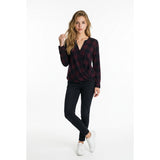 Anne Taylor Women's Blouse Size Medium Burgundy Blue Plaid Long Sleeve Snap Button Top