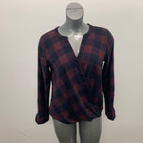 Anne Taylor Women's Blouse Size Medium Burgundy Blue Plaid Long Sleeve Snap Button Top