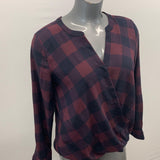 Anne Taylor Women's Blouse Size Medium Burgundy Blue Plaid Long Sleeve Snap Button Top