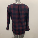 Anne Taylor Women's Blouse Size Medium Burgundy Blue Plaid Long Sleeve Snap Button Top