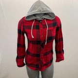 SWS Classic Fit Button Up Hooded Shirt Women's Size Medium Red Black Plaid Cotton
