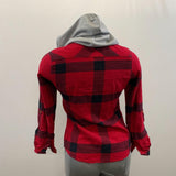 SWS Classic Fit Button Up Hooded Shirt Women's Size Medium Red Black Plaid Cotton