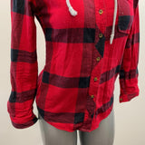 SWS Classic Fit Button Up Hooded Shirt Women's Size Medium Red Black Plaid Cotton