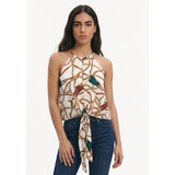 Revamped Women's Cropped Tie Front Tank Top Size Medium White Patterned Polyester