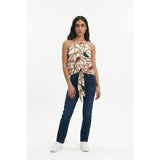 Revamped Women's Cropped Tie Front Tank Top Size Medium White Patterned Polyester