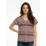 Cleo Printed Top Women's Size XL V Neck Short Sleeve Cotton/Spandex T Shirt NEW