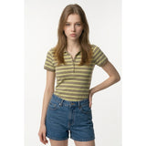 Pure Alfred Sung Women's Polo Shirt Size Medium Gray Yellow Striped Short Sleeve