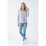 Beach Lunch Lounge Collective Women's Shirt Small Button front Blue yellow strip