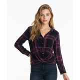 Reitmans Women's Button Up Twist Front Top Size Medium Purple Plaid Long Sleeve Viscose