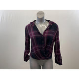Reitmans Women's Button Up Twist Front Top Size Medium Purple Plaid Long Sleeve Viscose