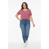 Maurices 24/7 Womens Size 1 T Shirt PInk Round Short Sleeve V Neck Polyester/Linen Tee
