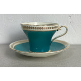 Aynsley Teacup Saucer Set Bone China England Teal Blue Gold Trim