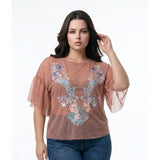 Zara Women's Salmon Ruffed Sleeve Floral Detail Tunic Top Size Small Polyester Blend
