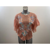 Zara Women's Salmon Ruffed Sleeve Floral Detail Tunic Top Size Small Polyester Blend